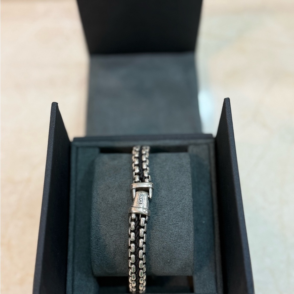David Yurman Woven Box Chain Bracelet 10mm Sterling Silver Black Nylon - size L